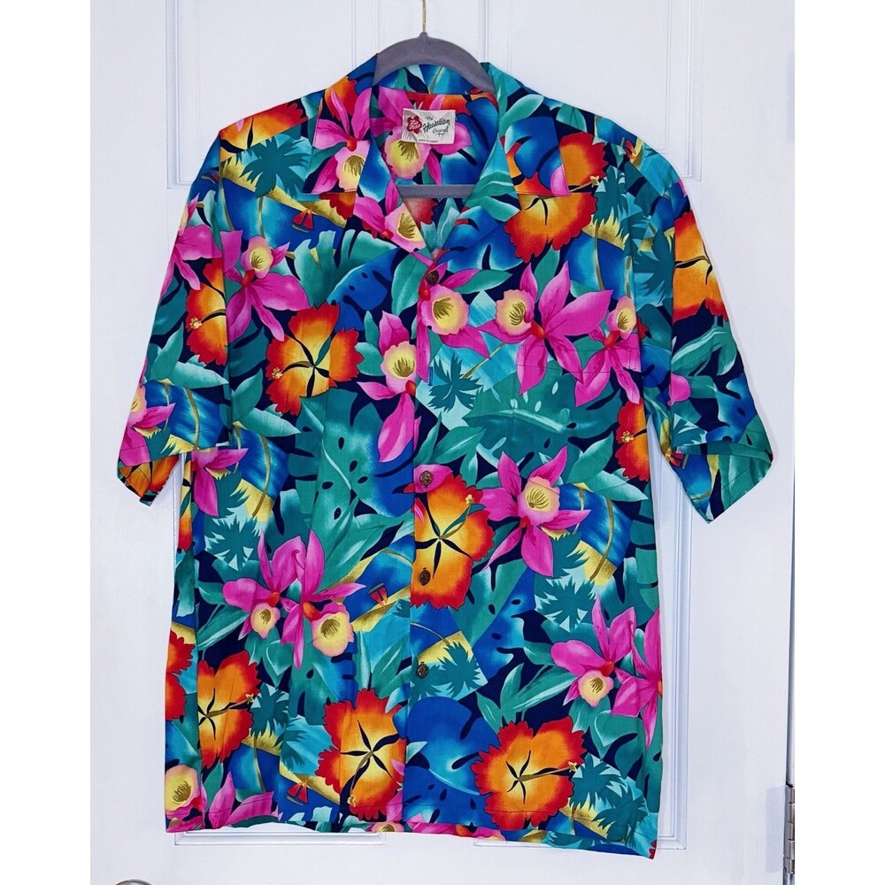 Vintage Hilo Hattie Hawaiian Shirt Mens L Tropical Floral Made in Hawaii